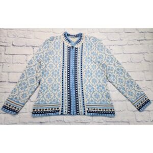 Appleseeds WOMENS SIZE L Blue Wool Blend Floral Knit Zip Sweater Jacket Classy